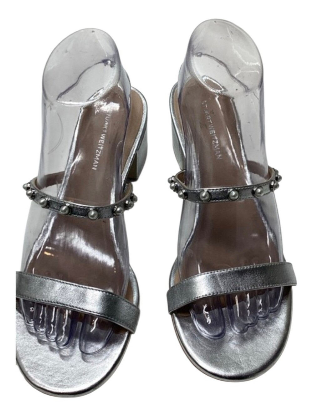 Stuart Weitzman Silver Metallic Pearl-Embellished Block Heel Sandals
